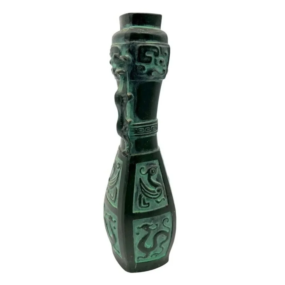 Chinese Vintage Flower Vase Kabin Ikebana Crane Zodiac Dragon Handle Talisman